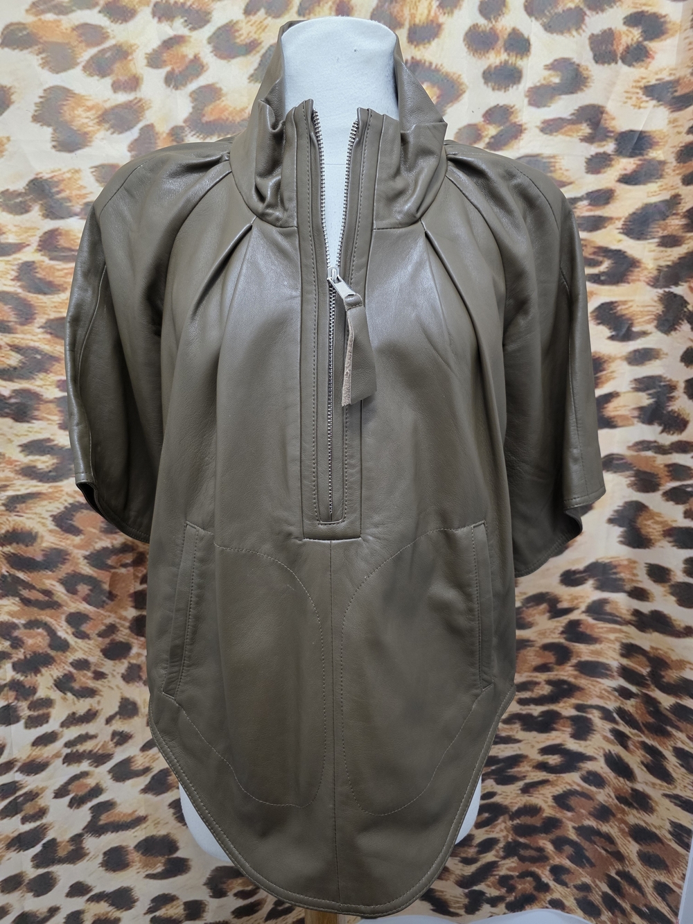 RARE Madison Marcus Olive Genuine Leather Poncho Zip Pullover - Size XS-S